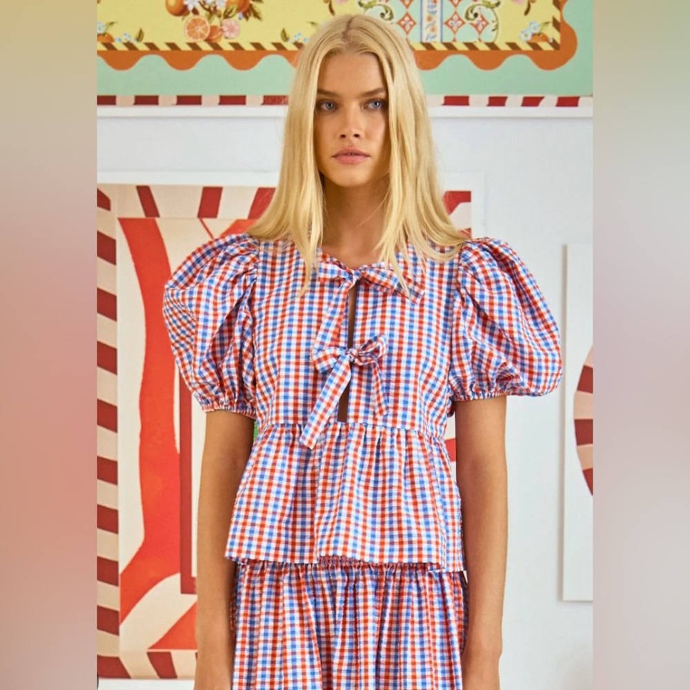 NWT Hunter Bell Carly Top. Lighthouse Gingham. Size Large. Retail price $345.